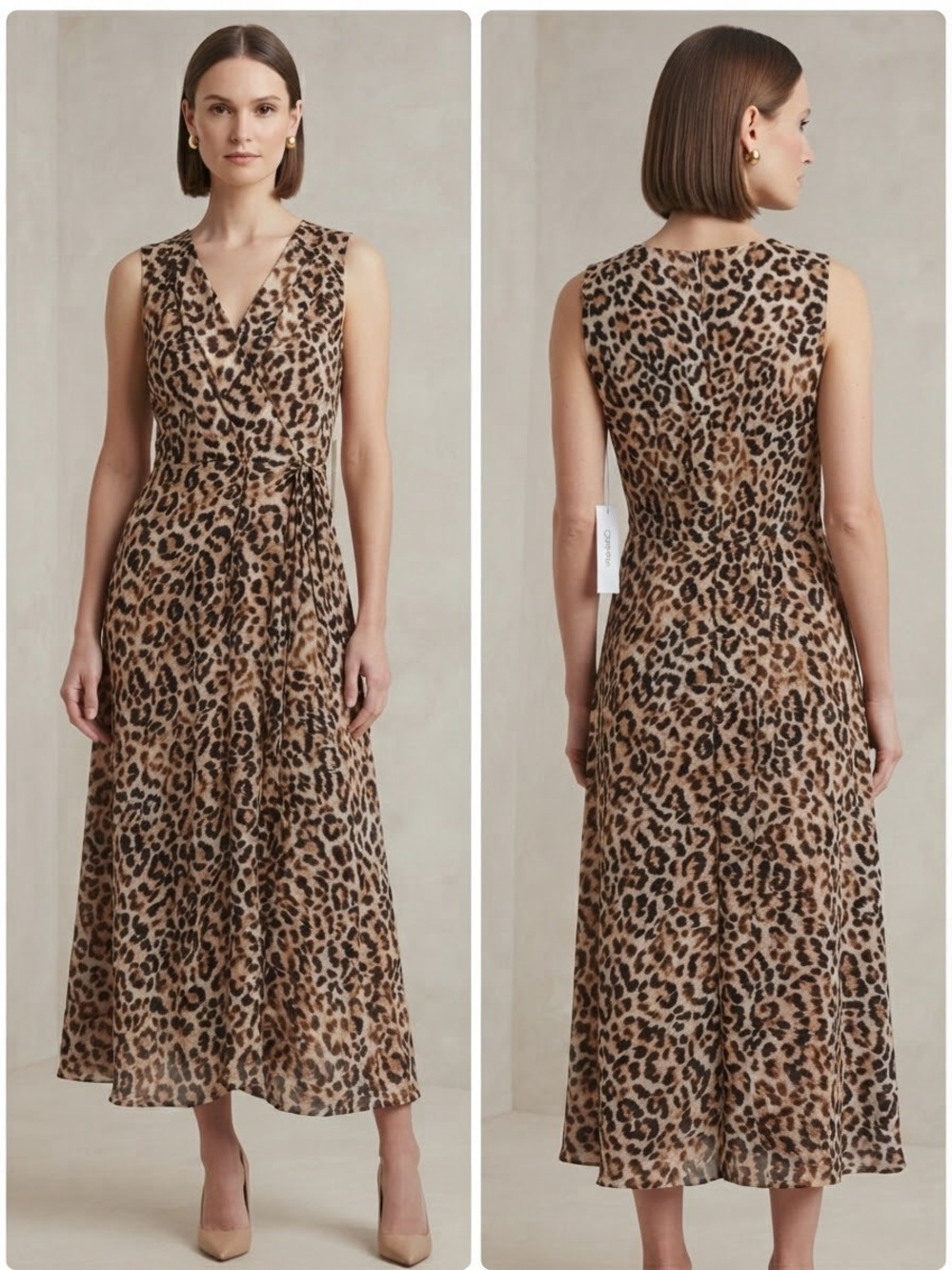 NEW Calvin Klein Leopard-Print V-Neck Midi Dress in Brown and Black Size8 (NWT)